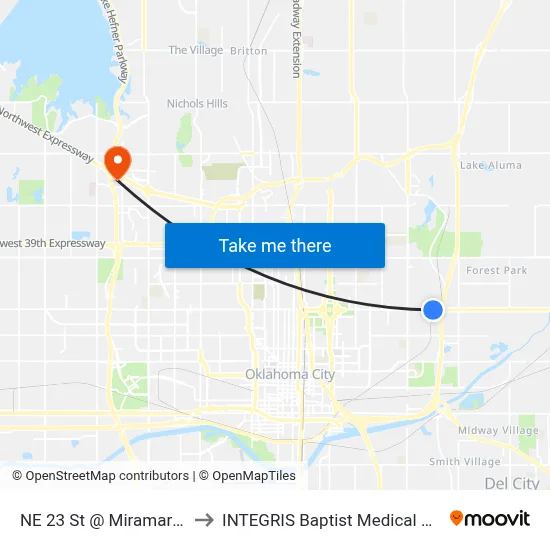 NE 23 St @ Miramar Blvd to INTEGRIS Baptist Medical Center map