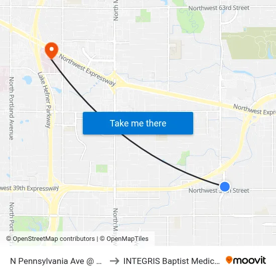 N Pennsylvania Ave @ NW 39 St to INTEGRIS Baptist Medical Center map