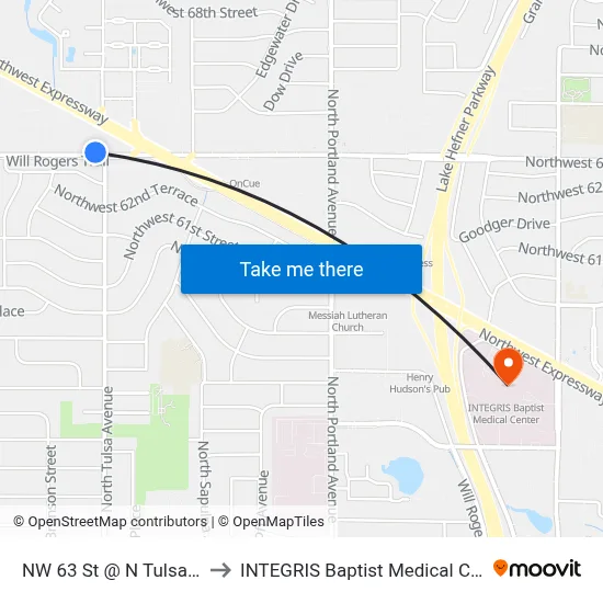 NW 63 St @ N Tulsa Ave to INTEGRIS Baptist Medical Center map