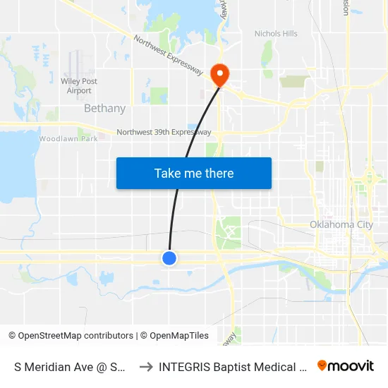 S Meridian Ave @ SW 3 St to INTEGRIS Baptist Medical Center map
