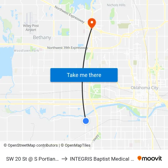 SW 20 St @ S Portland Ave to INTEGRIS Baptist Medical Center map