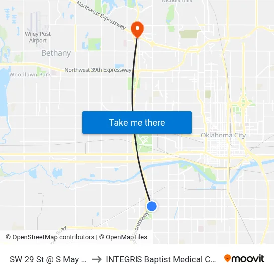 SW 29 St @ S May Ave to INTEGRIS Baptist Medical Center map