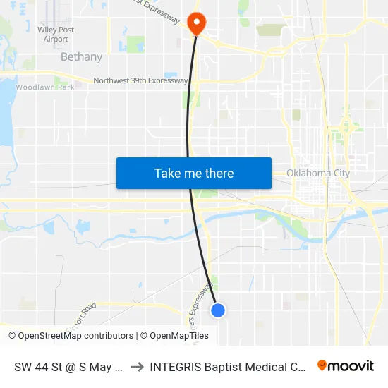 SW 44 St @ S May Ave to INTEGRIS Baptist Medical Center map