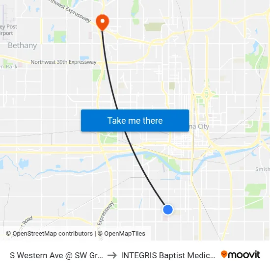 S Western Ave @ SW Grand Blvd to INTEGRIS Baptist Medical Center map