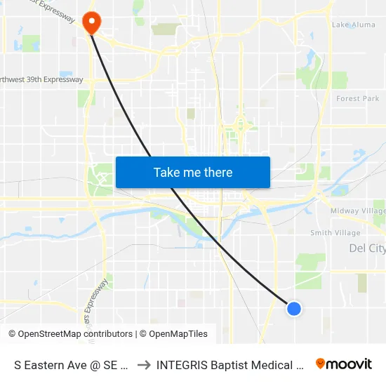 S Eastern Ave @ SE 44 St to INTEGRIS Baptist Medical Center map