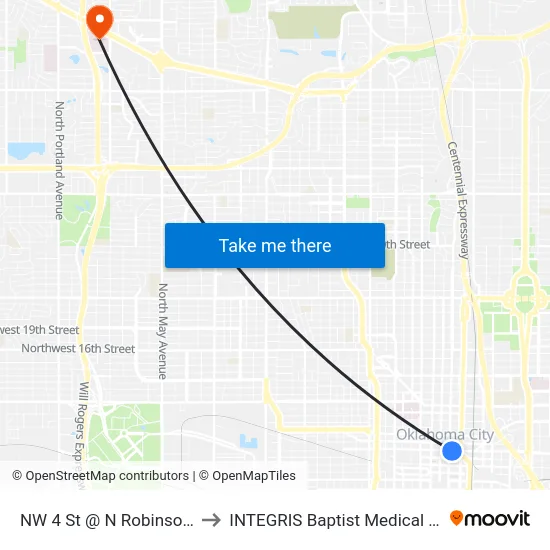 NW 4 St @ N Robinson Ave to INTEGRIS Baptist Medical Center map