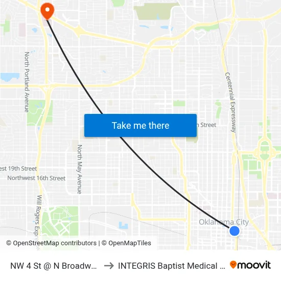 NW 4 St @ N Broadway Ave to INTEGRIS Baptist Medical Center map