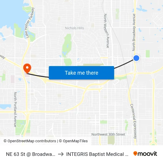 NE 63 St @ Broadway Ext to INTEGRIS Baptist Medical Center map
