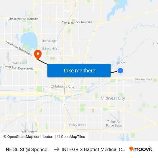 NE 36 St @ Spencer Rd to INTEGRIS Baptist Medical Center map