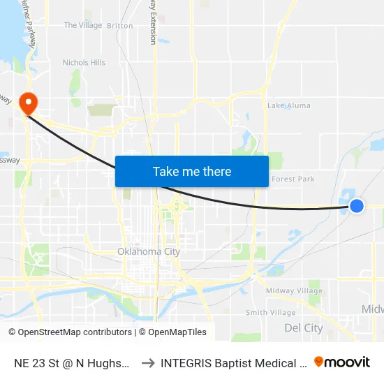 NE 23 St @ N Hughson Ave to INTEGRIS Baptist Medical Center map