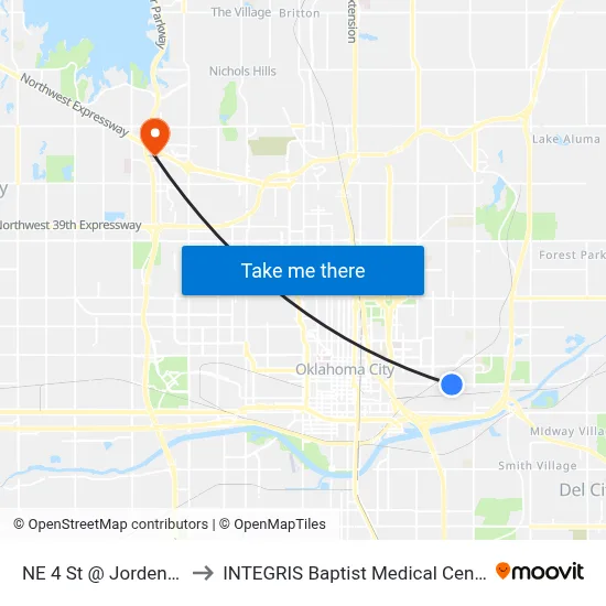 NE 4 St @ Jorden Ct to INTEGRIS Baptist Medical Center map