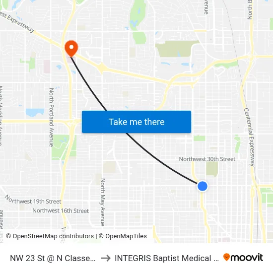 NW 23 St @ N Classen Blvd to INTEGRIS Baptist Medical Center map