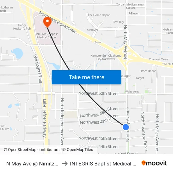 N May Ave @ Nimitz Blvd to INTEGRIS Baptist Medical Center map