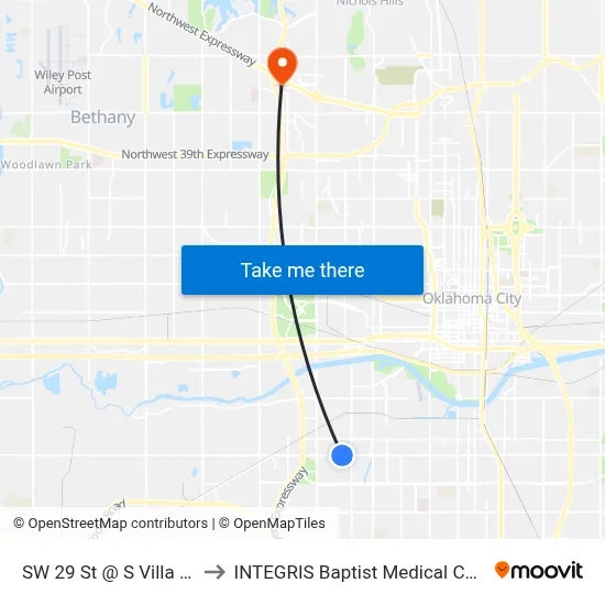 SW 29 St @ S Villa Ave to INTEGRIS Baptist Medical Center map