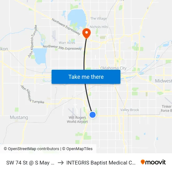 SW 74 St @ S May Ave to INTEGRIS Baptist Medical Center map
