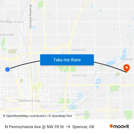 N Pennsylvania Ave @ NW 39 St to Spencer, OK map