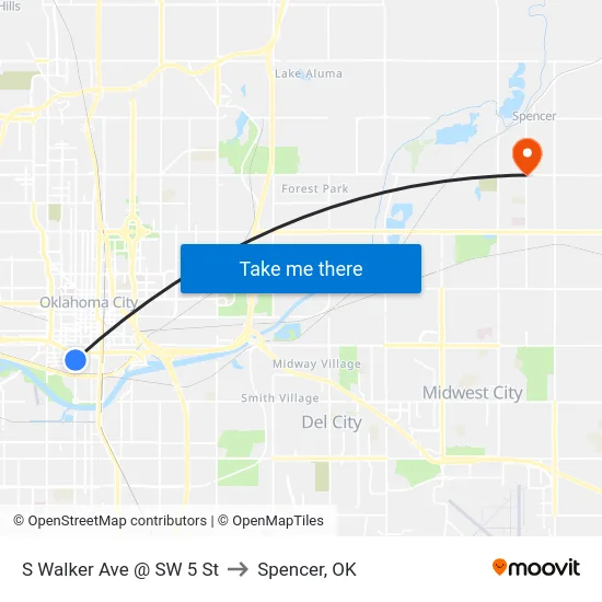 S Walker Ave @ SW 5 St to Spencer, OK map