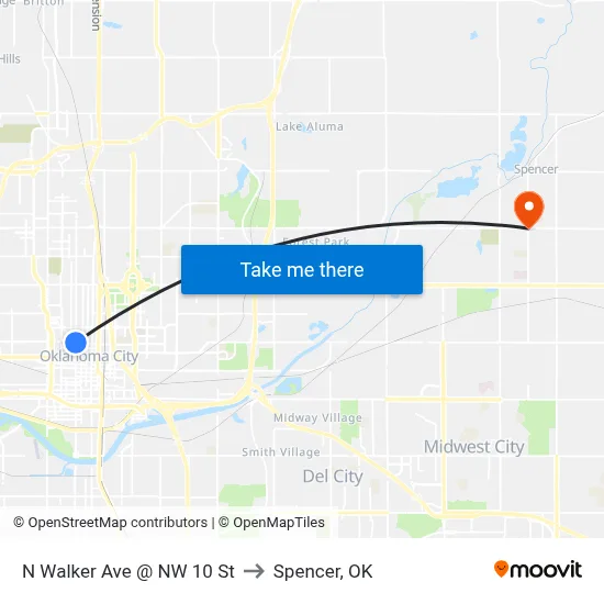 N Walker Ave @ NW 10 St to Spencer, OK map