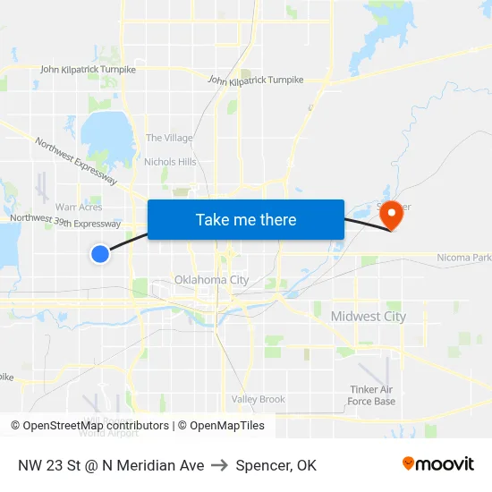 NW 23 St @ N Meridian Ave to Spencer, OK map