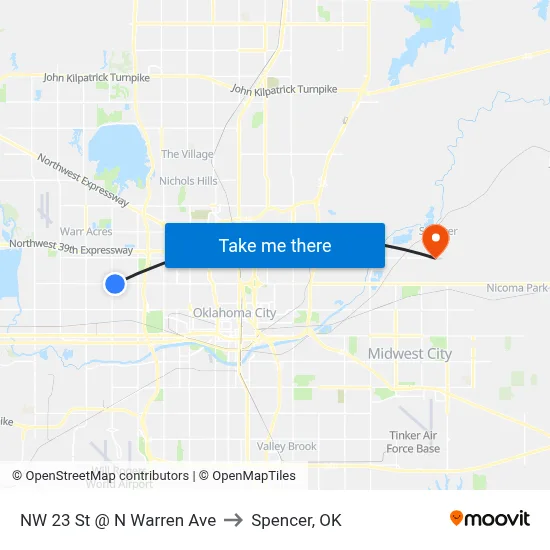 NW 23 St @ N Warren Ave to Spencer, OK map