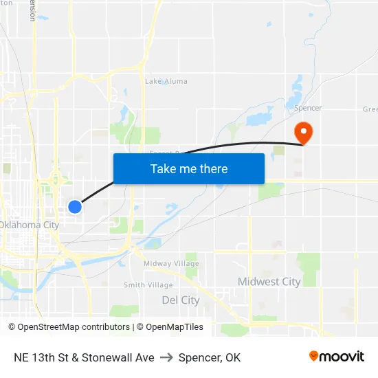 NE 13th St & Stonewall Ave to Spencer, OK map