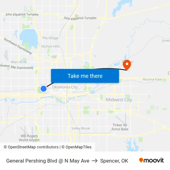 General Pershing Blvd @ N May Ave to Spencer, OK map