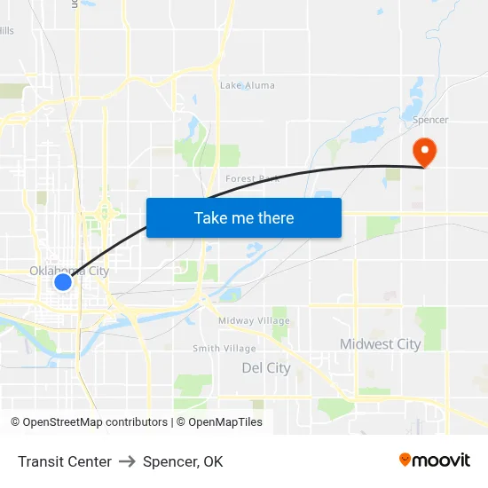 Transit Center to Spencer, OK map