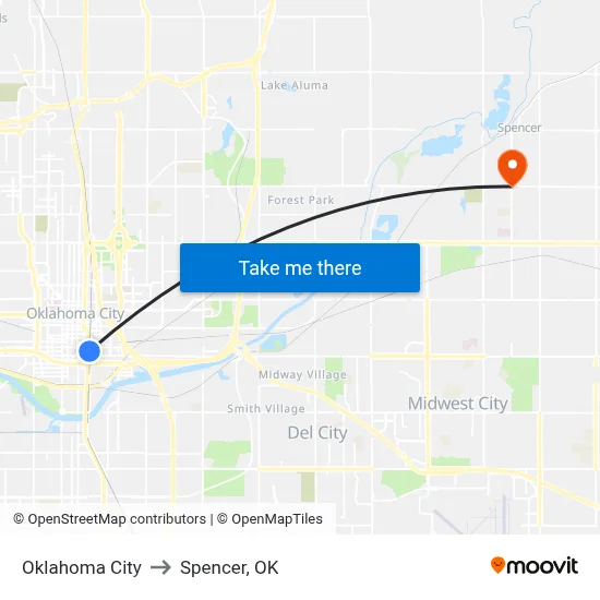 Oklahoma City to Spencer, OK map