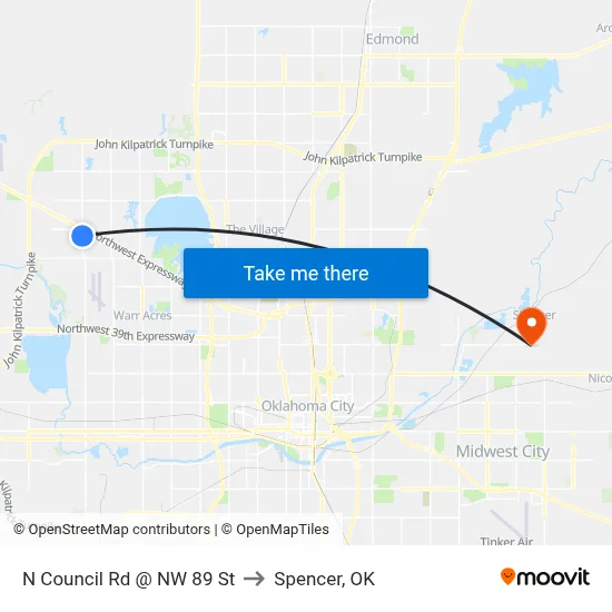N Council Rd @ NW 89 St to Spencer, OK map
