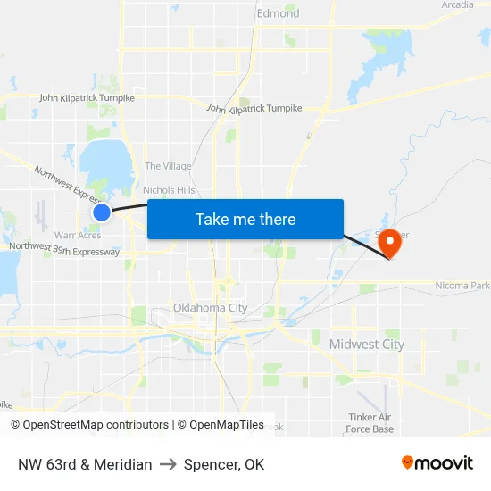 NW 63rd & Meridian to Spencer, OK map
