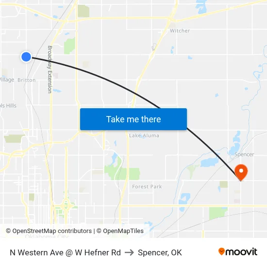 N Western Ave @ W Hefner Rd to Spencer, OK map