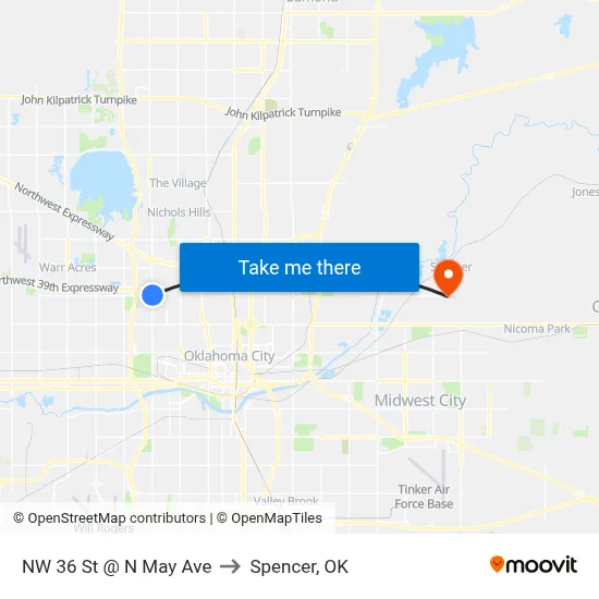 NW 36 St @ N May Ave to Spencer, OK map