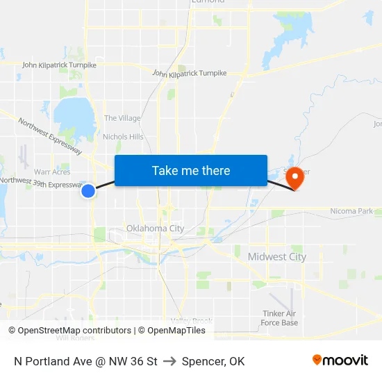 N Portland Ave @ NW 36 St to Spencer, OK map