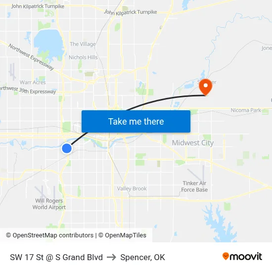SW 17 St @ S Grand Blvd to Spencer, OK map