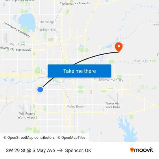 SW 29 St @ S May Ave to Spencer, OK map