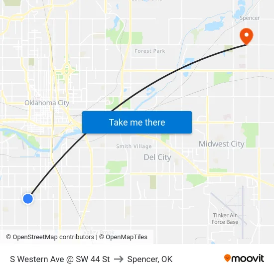 S Western Ave @ SW 44 St to Spencer, OK map