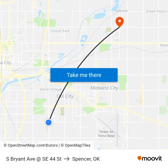 S Bryant Ave @ SE 44 St to Spencer, OK map