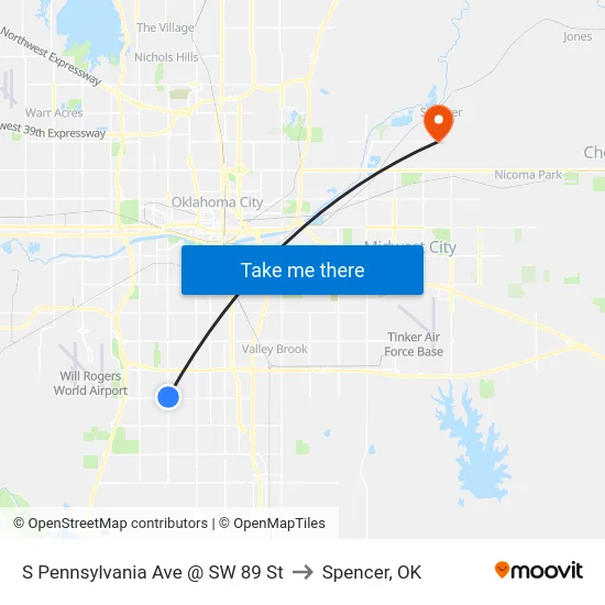 S Pennsylvania Ave @ SW 89 St to Spencer, OK map