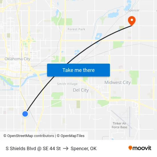 S Shields Blvd @ SE 44 St to Spencer, OK map