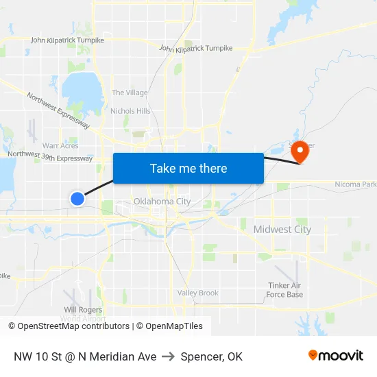 NW 10 St @ N Meridian Ave to Spencer, OK map