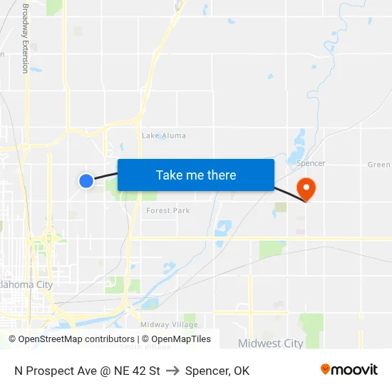 N Prospect Ave @ NE 42 St to Spencer, OK map
