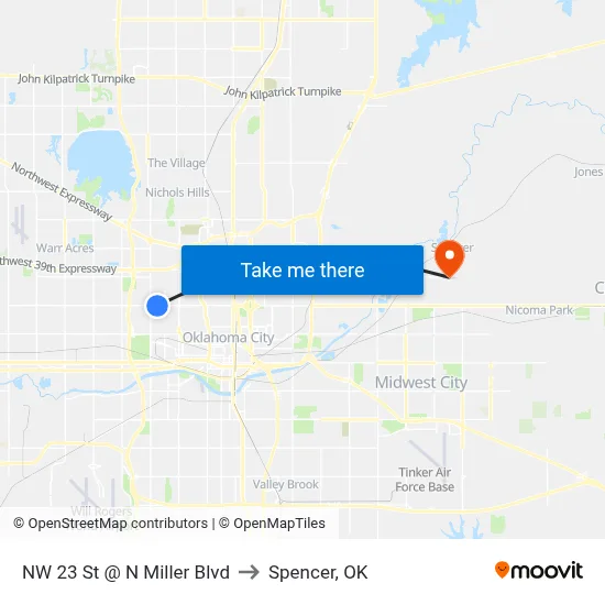 NW 23 St @ N Miller Blvd to Spencer, OK map