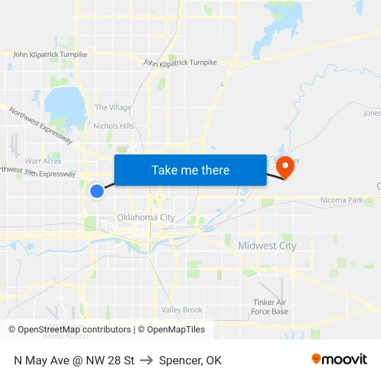N May Ave @ NW 28 St to Spencer, OK map