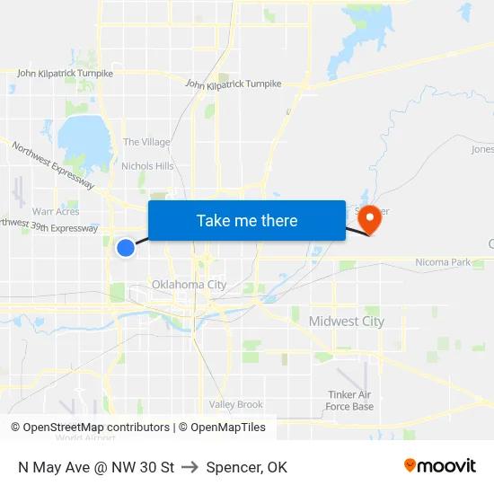 N May Ave @ NW 30 St to Spencer, OK map