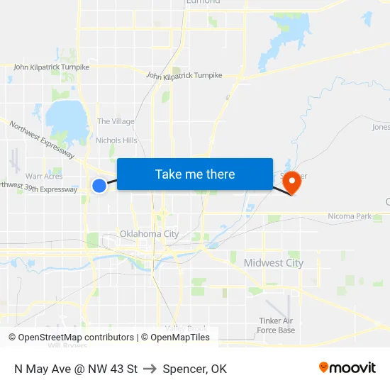 N May Ave @ NW 43 St to Spencer, OK map
