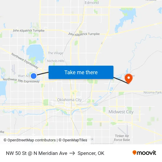 NW 50 St @ N Meridian Ave to Spencer, OK map