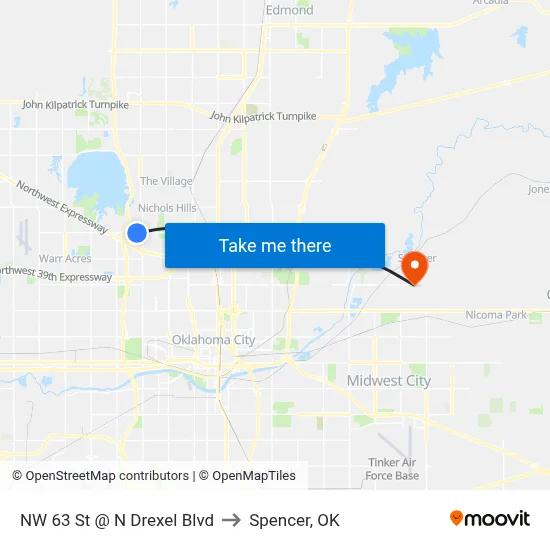 NW 63 St @ N Drexel Blvd to Spencer, OK map