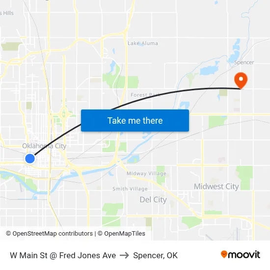 W Main St @ Fred Jones Ave to Spencer, OK map