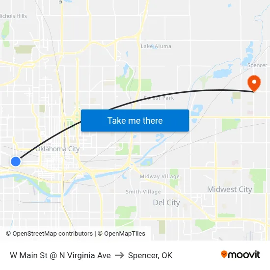 W Main St @ N Virginia Ave to Spencer, OK map