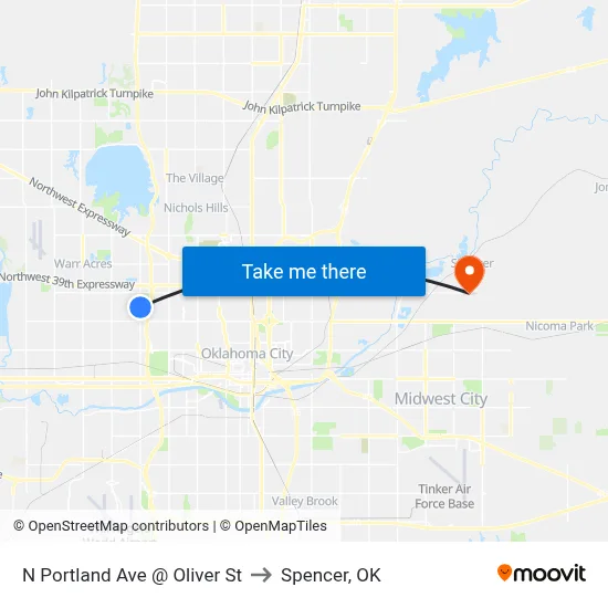 N Portland Ave @ Oliver St to Spencer, OK map